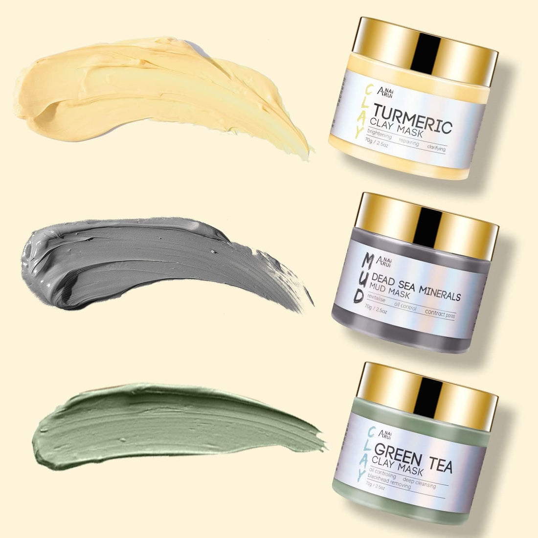 ANAI RUI Turmeric Mask - Green Tea Clay Mask - Dead Sea Minerals Mud, Skin Care Gift Set 2.5 oz each