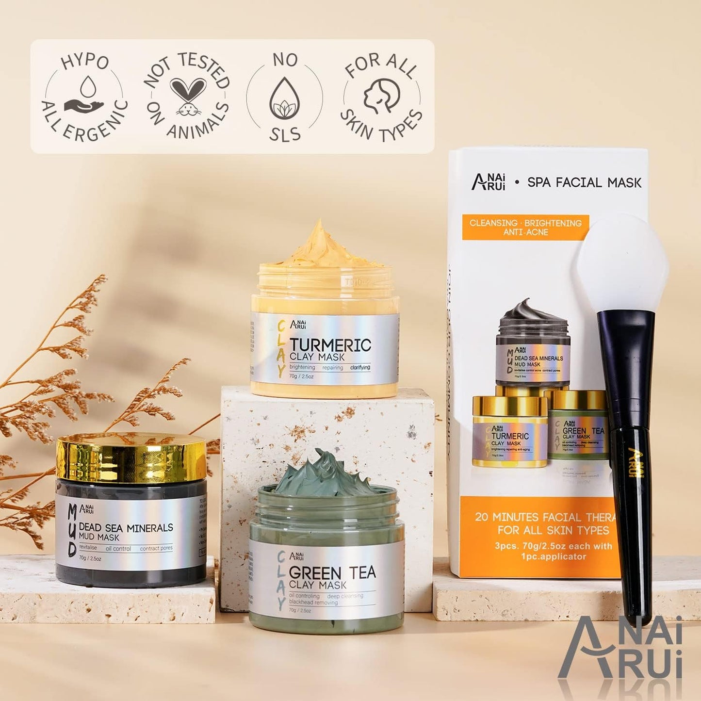 ANAI RUI Turmeric Mask - Green Tea Clay Mask - Dead Sea Minerals Mud, Skin Care Gift Set 2.5 oz each