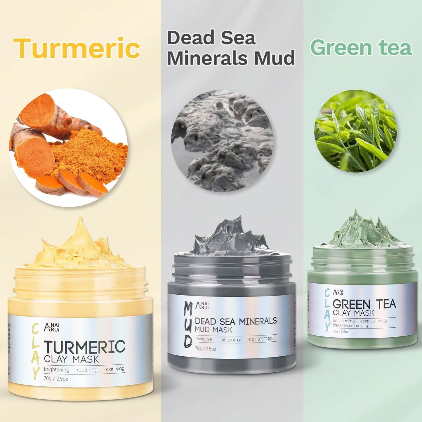 ANAI RUI Turmeric Mask - Green Tea Clay Mask - Dead Sea Minerals Mud, Skin Care Gift Set 2.5 oz each