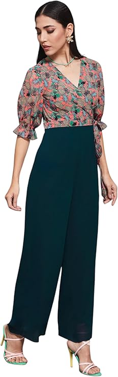 Miss Olive Women's Wine V-Neck Sleeveless Solid Wrap Regular Jumpsuit