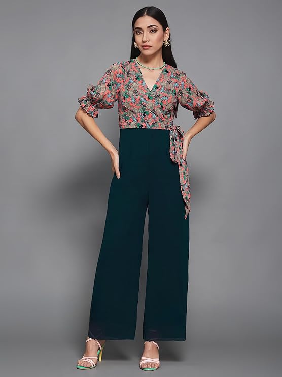 Miss Olive Women's Wine V-Neck Sleeveless Solid Wrap Regular Jumpsuit