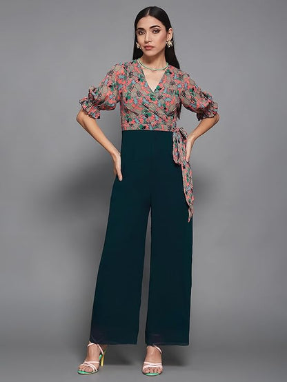 Miss Olive Women's Wine V-Neck Sleeveless Solid Wrap Regular Jumpsuit