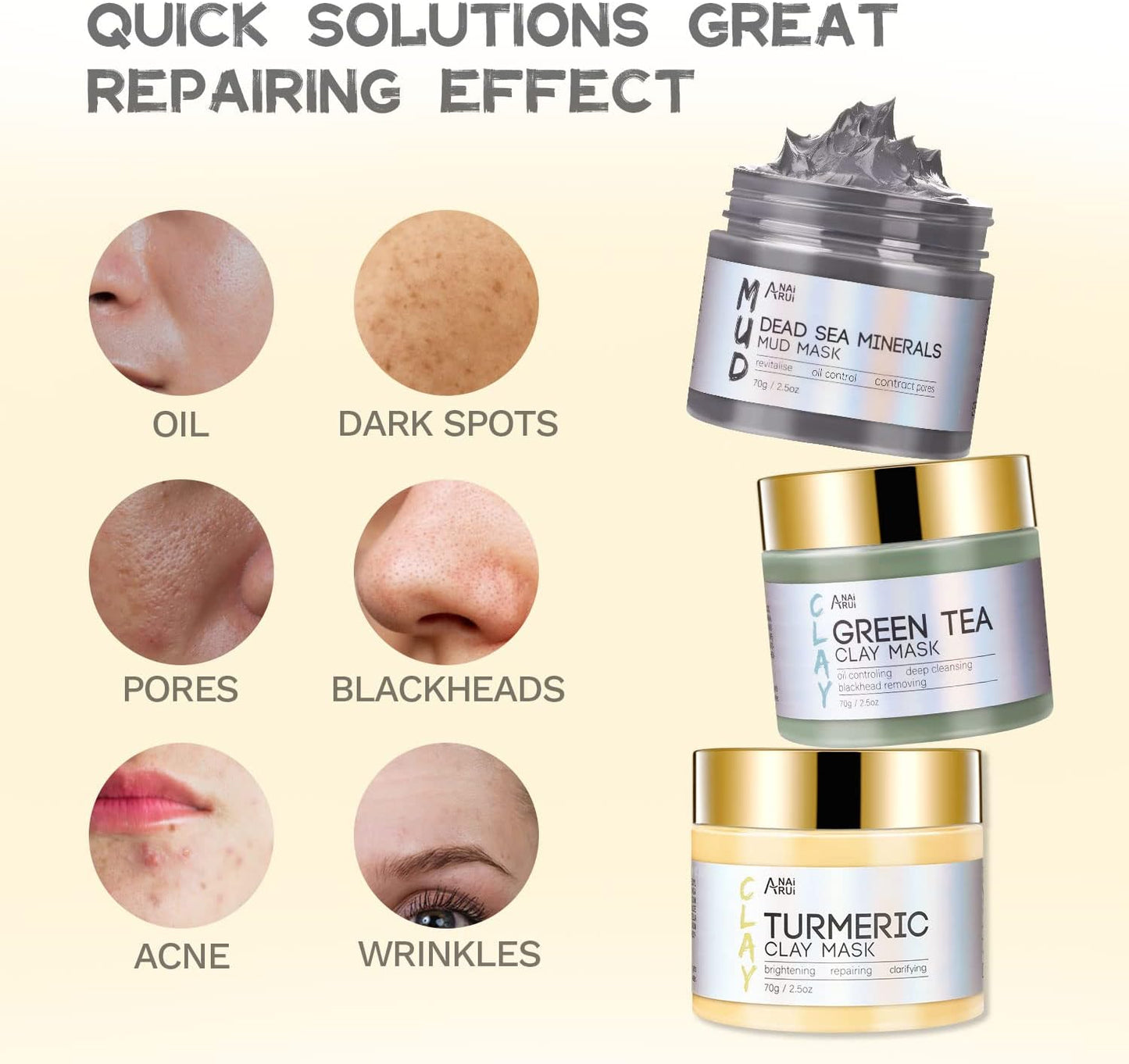 ANAI RUI Turmeric Mask - Green Tea Clay Mask - Dead Sea Minerals Mud, Skin Care Gift Set 2.5 oz each