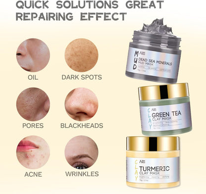 ANAI RUI Turmeric Mask - Green Tea Clay Mask - Dead Sea Minerals Mud, Skin Care Gift Set 2.5 oz each