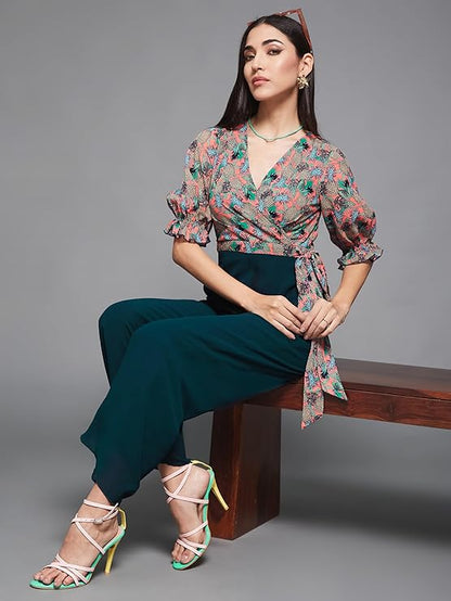 Miss Olive Women's Wine V-Neck Sleeveless Solid Wrap Regular Jumpsuit