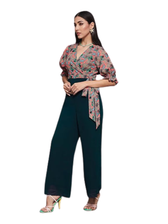 Miss Olive Women's Wine V-Neck Sleeveless Solid Wrap Regular Jumpsuit