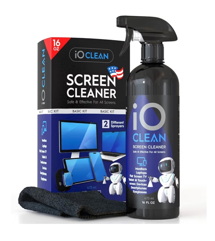 Screen Cleaner Spray (16oz - 473ml) – Best Large Cleaning Kit for LCD LED OLED TV, Smartphone, iPad, Laptop, Touchscreen, Computer Monitor, Electronic Devices, Microfiber Cloth Wipes and 2 Nozzles